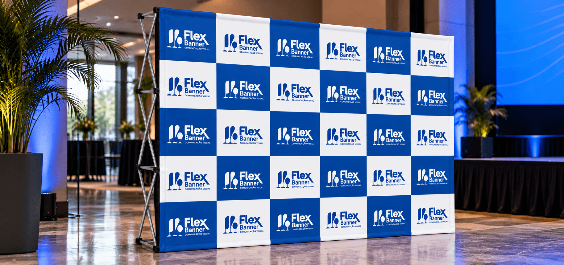 Backdrop retrátil para eventos. Painel ideal para entrada de eventos e exposição de marcas.